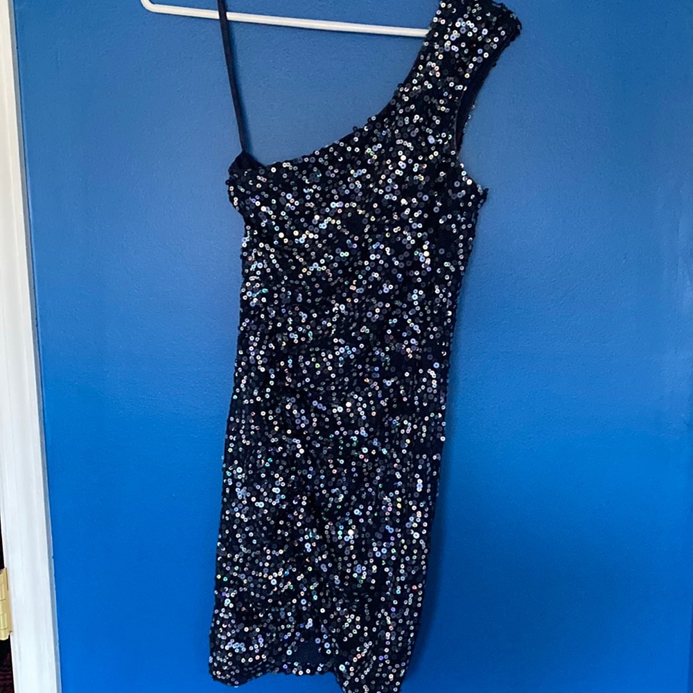 AS U WISH one shoulder navy sequin dress size small